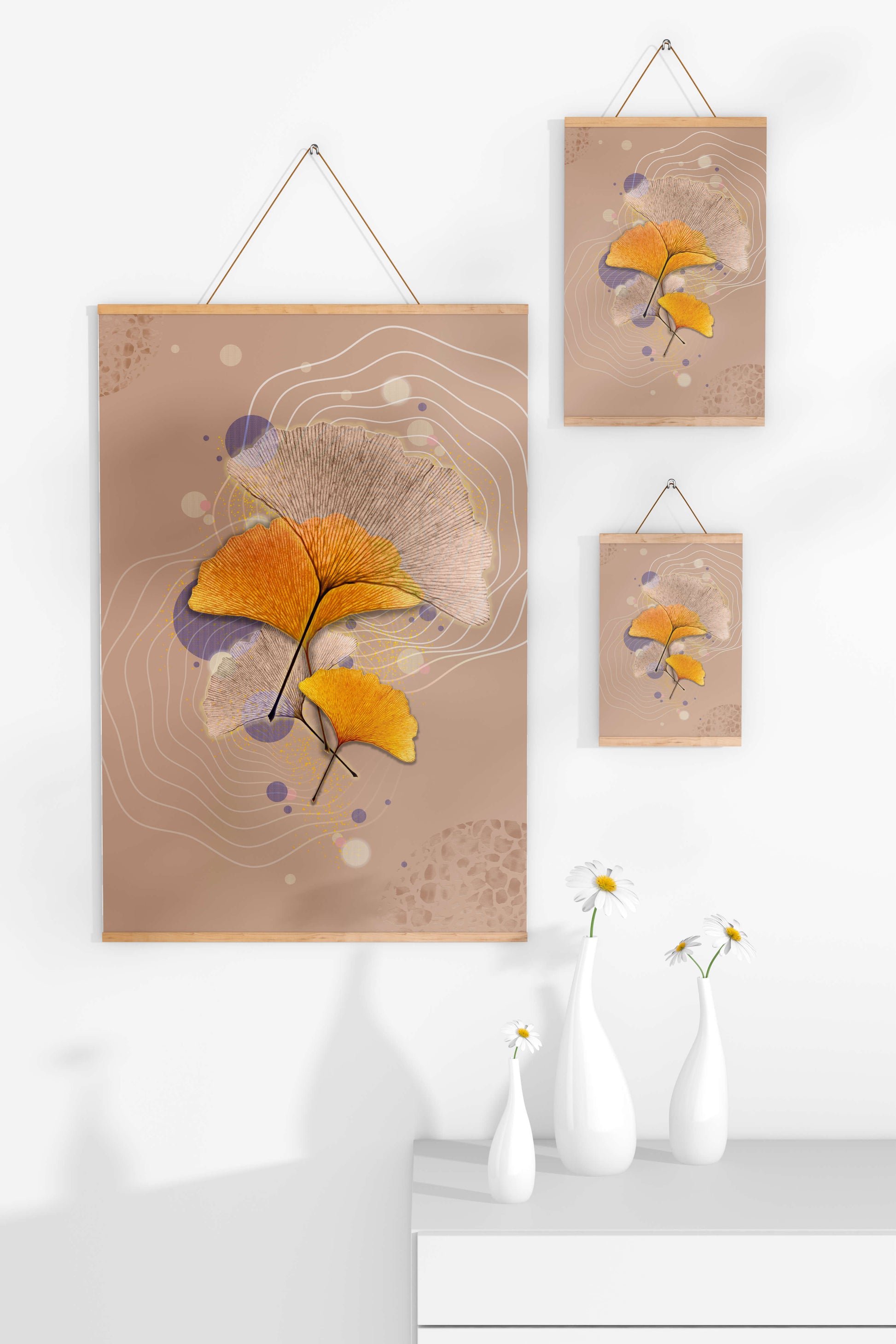 Elegant ginkgo leaves with abstract wavy and circular elements