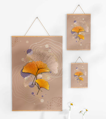 Elegant ginkgo leaves with abstract wavy and circular elements