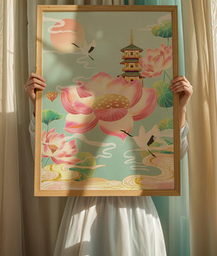 Paysage serein avec des fleurs de lotus et une pagode traditionnelle
