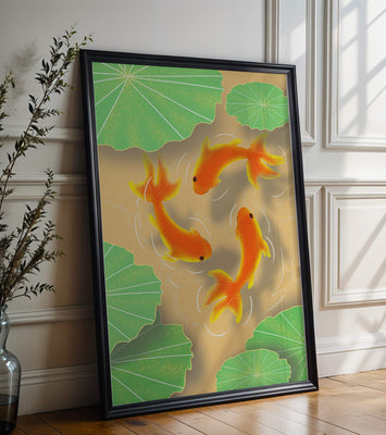 Tranquil pond scene with koi fish and lily pads