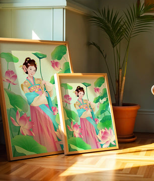Traditional Asian woman in a garden surrounded by lotus flowers and green leaves