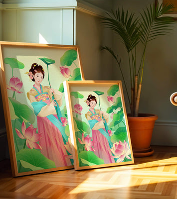Traditional Asian woman in a garden surrounded by lotus flowers and green leaves