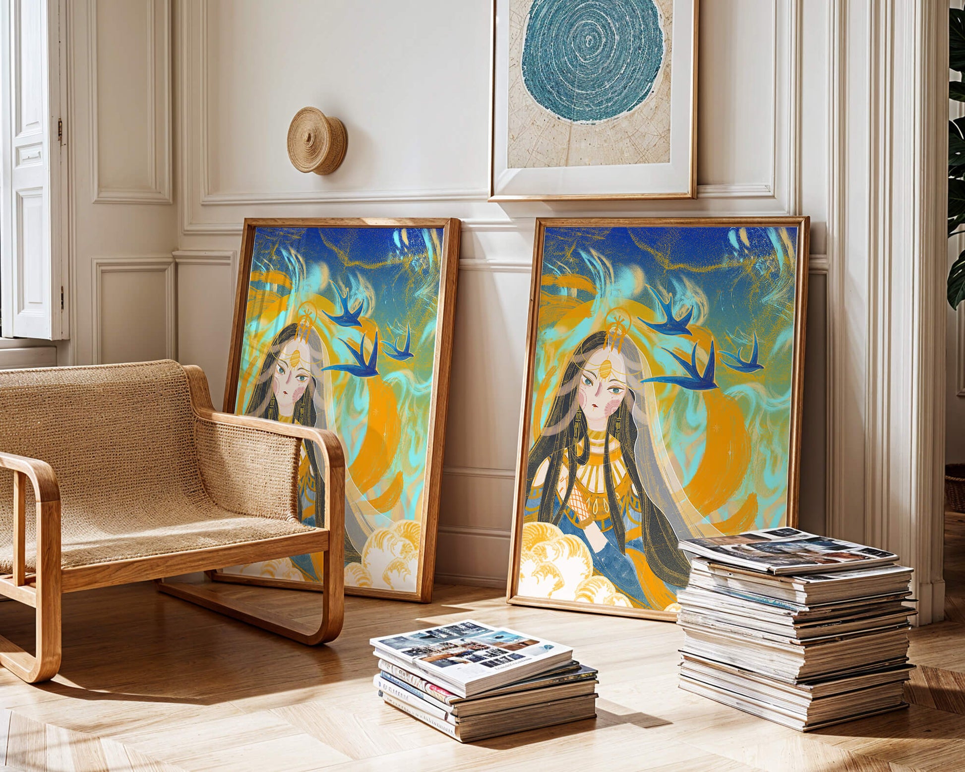 Majestic Goddess with Birds and Golden Elements in Mystical Setting