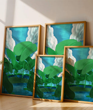 Serene landscape with lush green leaves and blue horizon