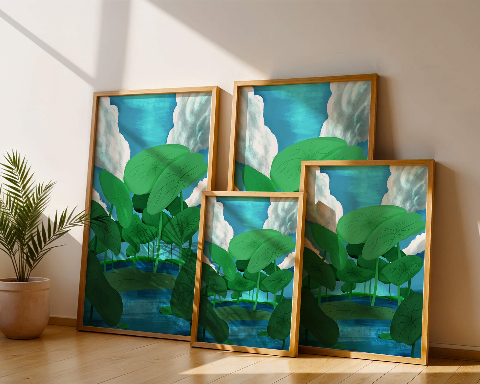 Serene landscape with lush green leaves and blue horizon