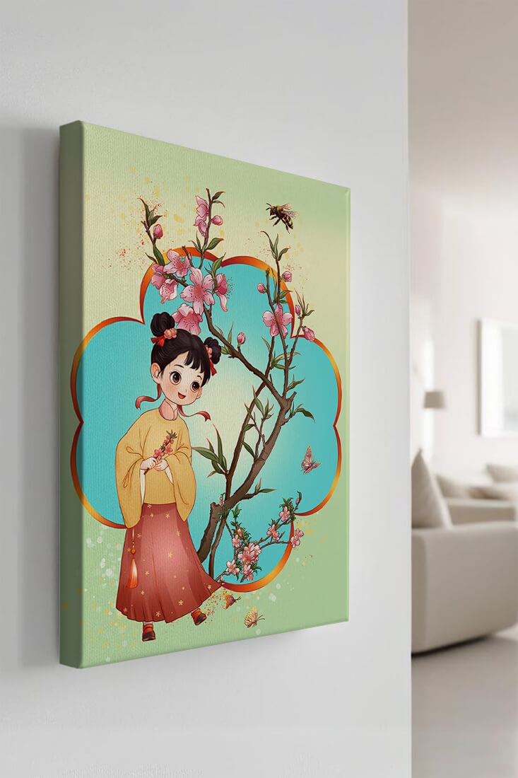Illustration of a girl with cherry blossoms and butterflies