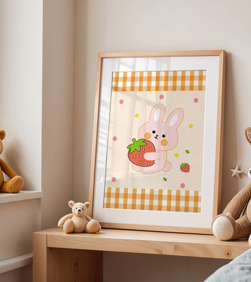 Adorable bunny holding strawberry illustration with gingham pattern