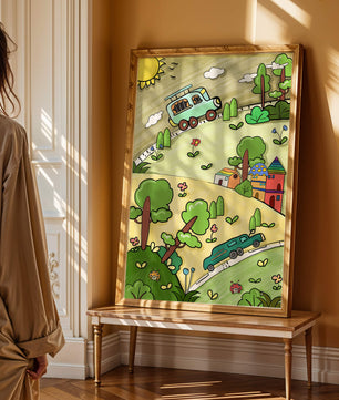 Whimsical landscape with houses, cars, and colorful flora