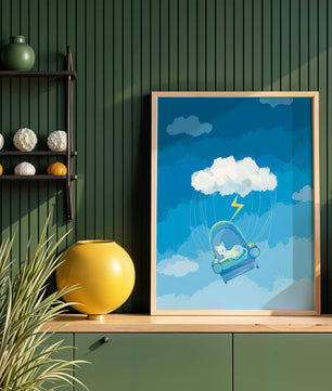 Gato soñador en un sillón flotante en un cielo nublado surrealista