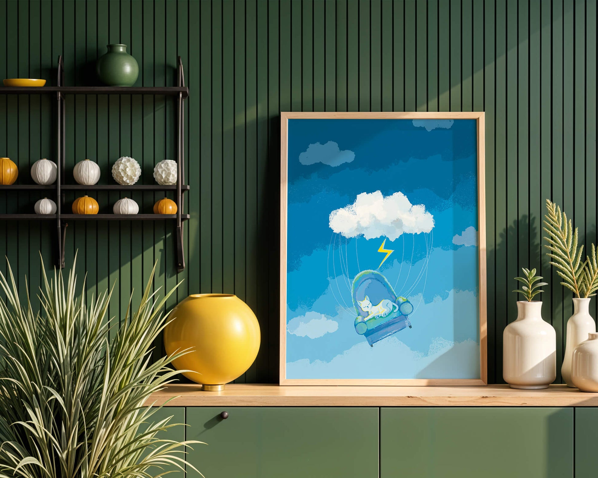 Dreamy Cat on a Floating Armchair in a Surreal Cloudy Sky
