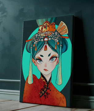 Elegant illustration of a woman in traditional attire with intricate headpiece