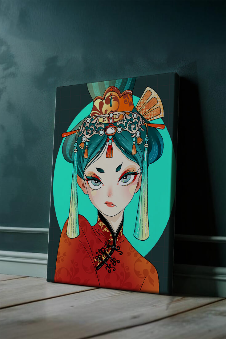 Elegant illustration of a woman in traditional attire with intricate headpiece
