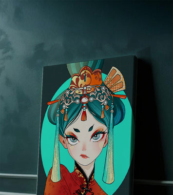 Elegant illustration of a woman in traditional attire with intricate headpiece