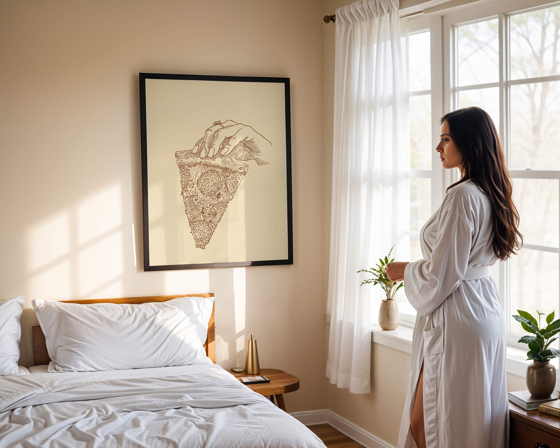 Hand holding a detailed vintage pizza slice illustration