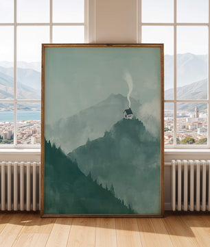 Paisaje montañoso sereno con una cabaña acogedora y fondo brumoso