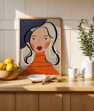 Colorful abstract portrait featuring a woman with red lips and hoop earrings on textured background - Mi tienda
