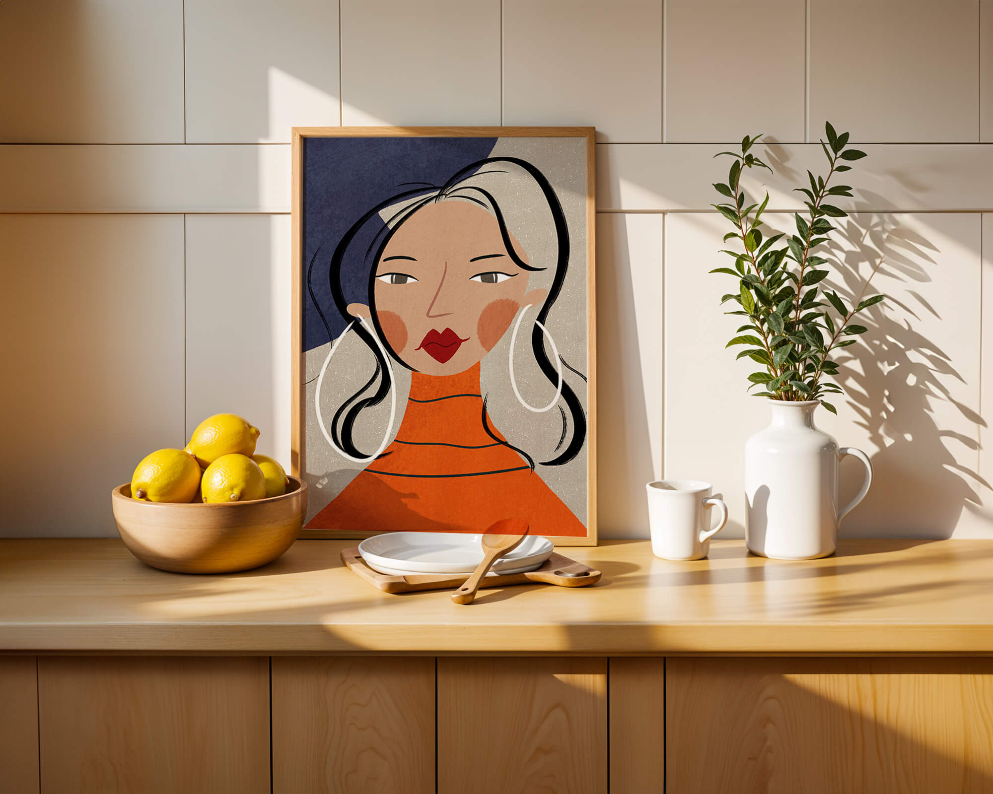 Colorful abstract portrait featuring a woman with red lips and hoop earrings on textured background - Mi tienda