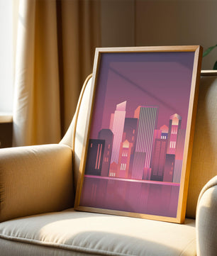 Modern Abstract Cityscape at Sunset with Reflective Water - Mi tienda