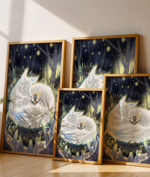 Scène de forêt fantaisiste avec un loup endormi et une silhouette mystérieuse la nuit