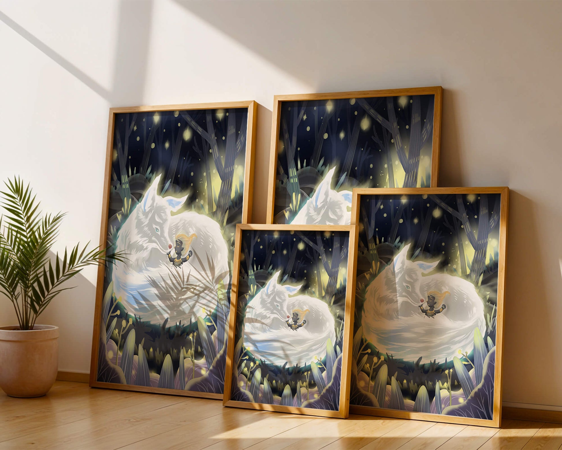 Whimsical forest scene with a sleeping wolf and a mysterious figure at night