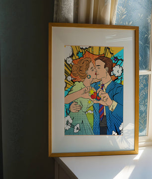 Ilustración de estilo pop art romántico de una pareja besándose con elementos cómicos