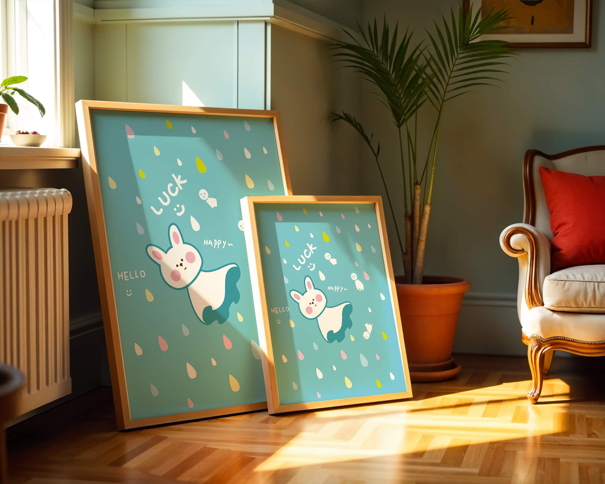 Adorable cartoon bunny with colorful drops on a blue background