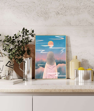 Ruhige Landschaft mit Silhouette, die den Sonnenuntergangshimmel und die Wolken betrachtet