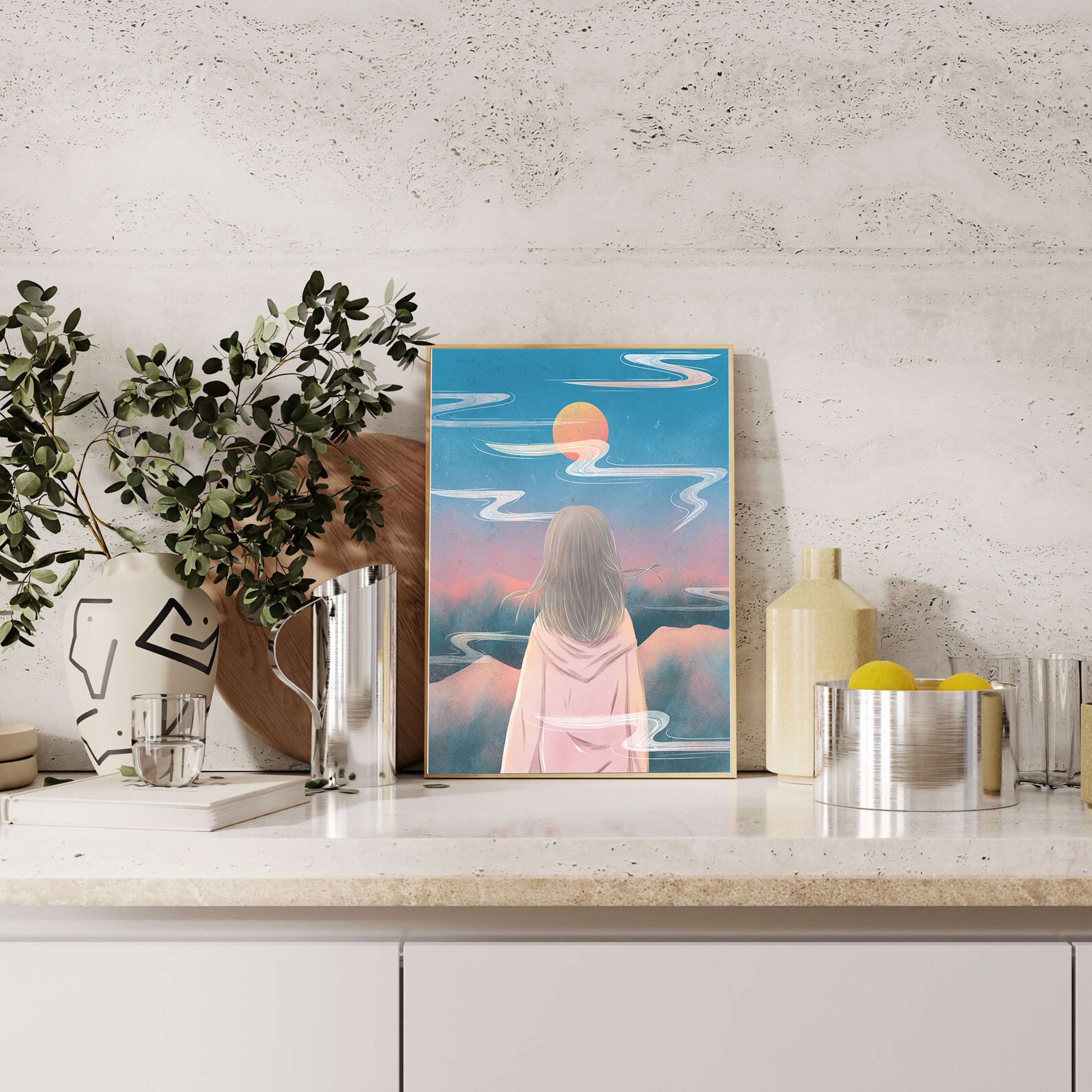 Ruhige Landschaft mit Silhouette, die den Sonnenuntergangshimmel und die Wolken betrachtet