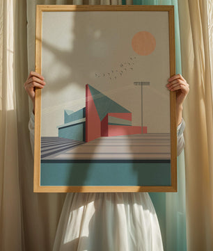 Ilustración arquitectónica moderna con diseño geométrico y atardecer