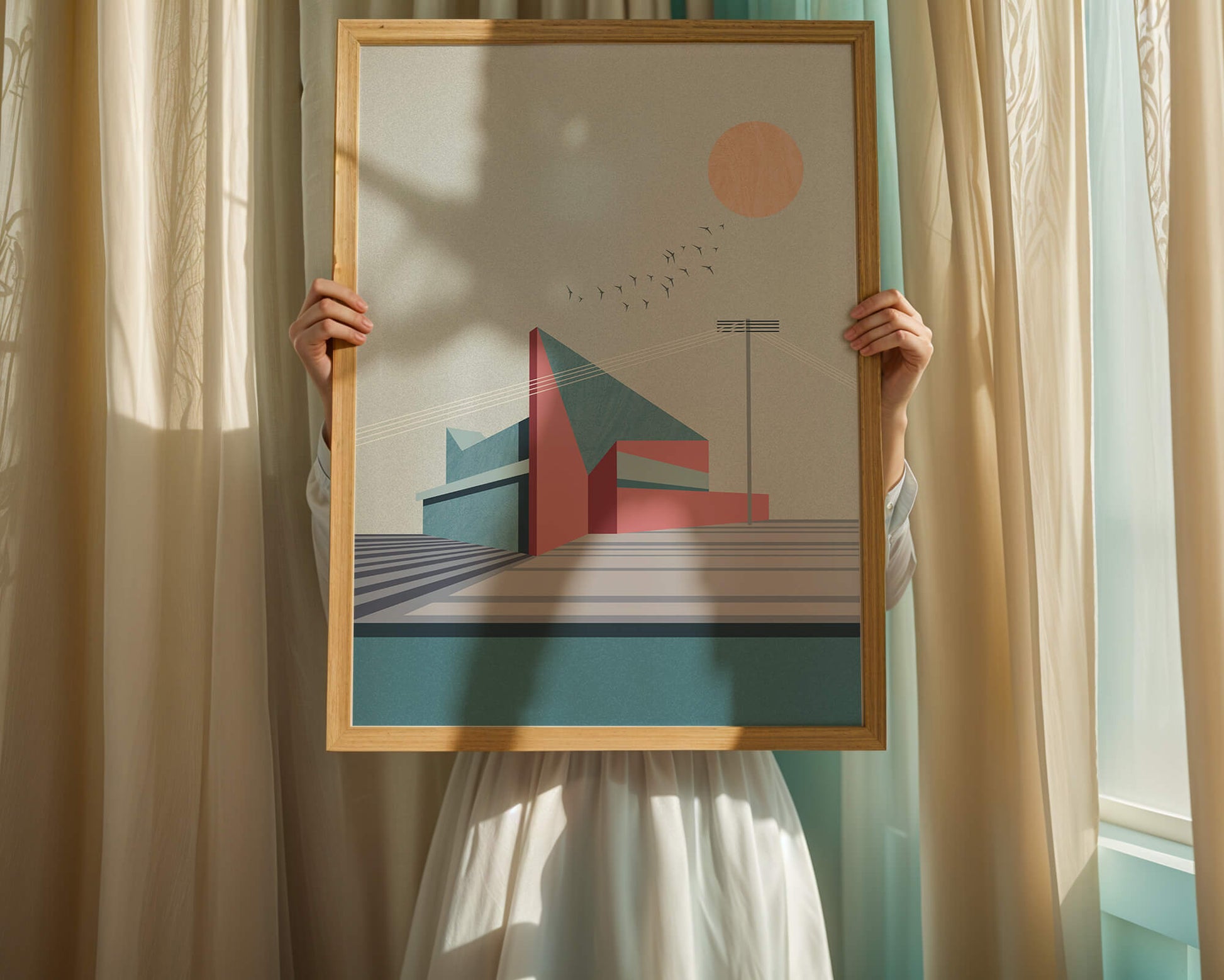 Ilustración arquitectónica moderna con diseño geométrico y atardecer