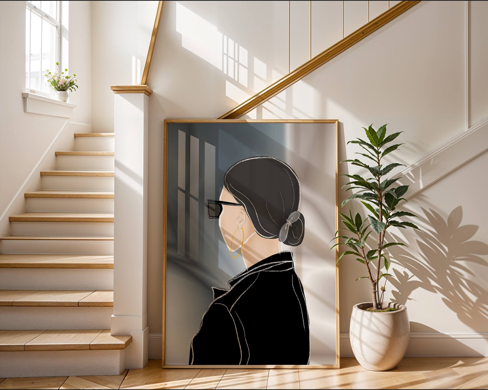 Modern woman with sunglasses and gold hoop earrings
