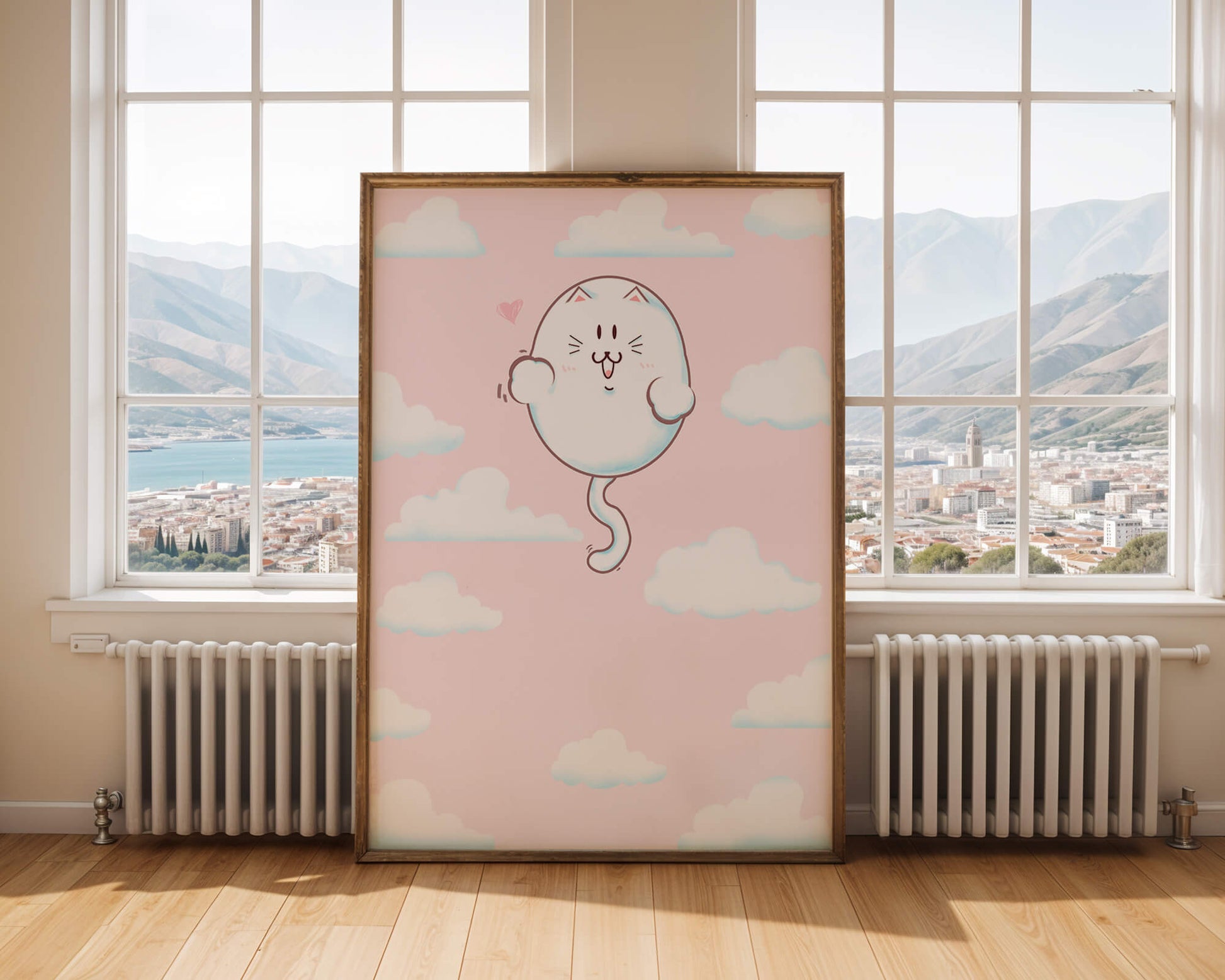 Gato flotante caprichoso en un cielo pastel con nubes esponjosas