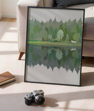 Forest landscape with a white horse and reflection in a tranquil pond