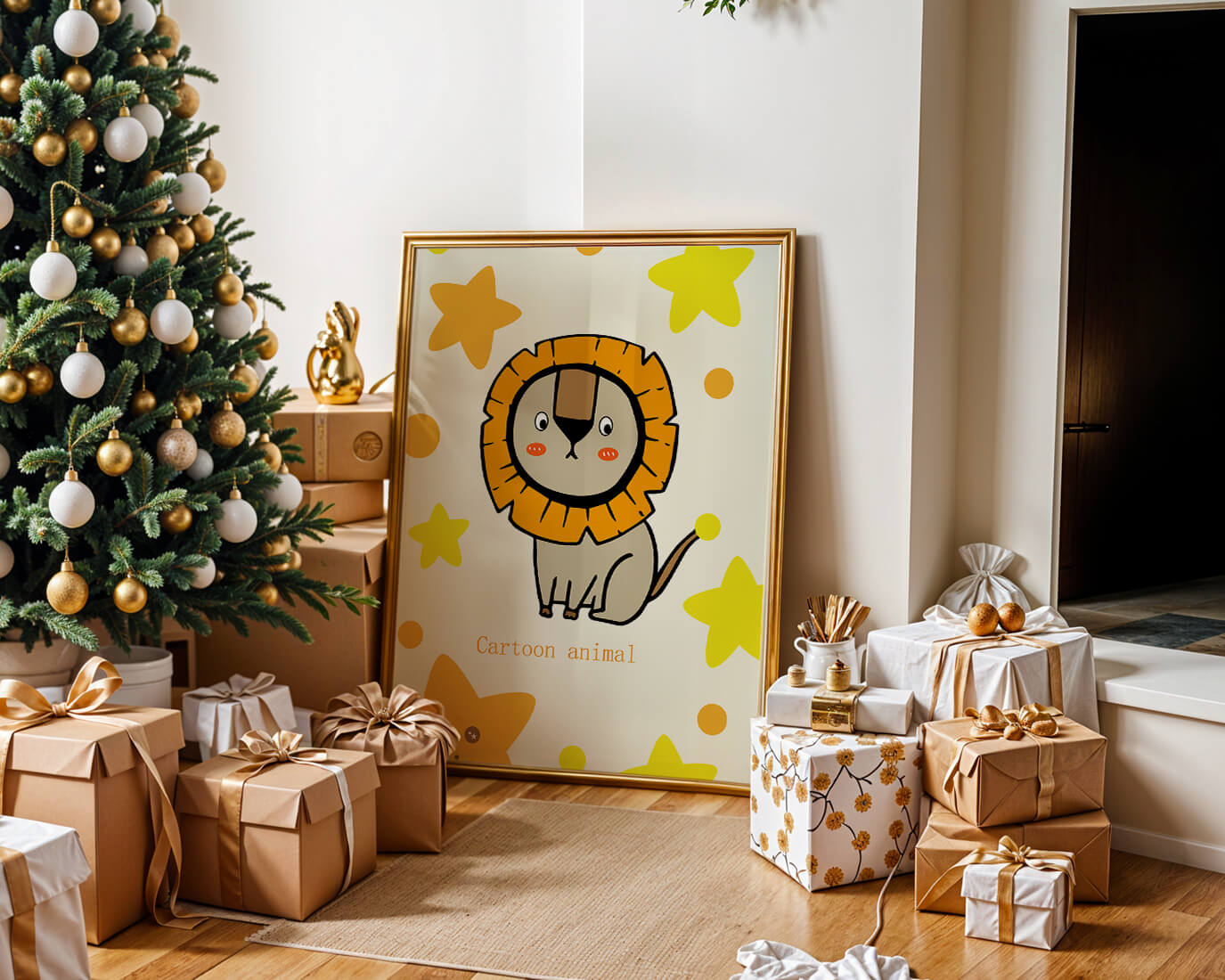 Cute cartoon lion illustration with stars for children's room