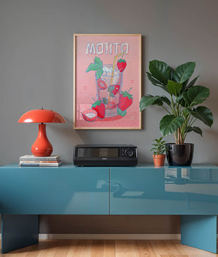 Ilustración de un mojito de fresa con fondo rosa vibrante y diseño juguetón