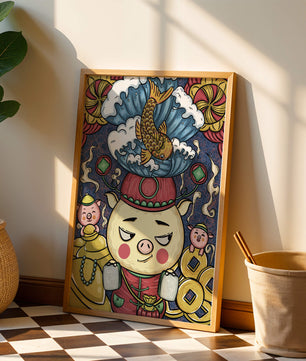 Colorful illustration featuring a whimsical pig and koi fish with decorative elements