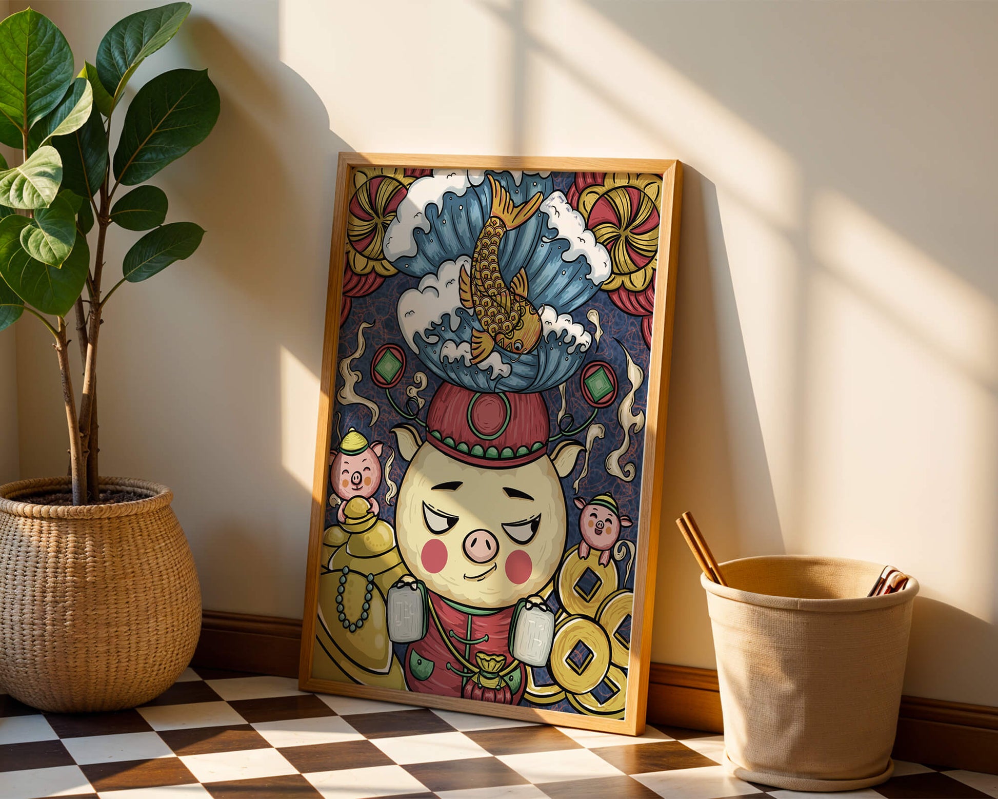 Colorful illustration featuring a whimsical pig and koi fish with decorative elements