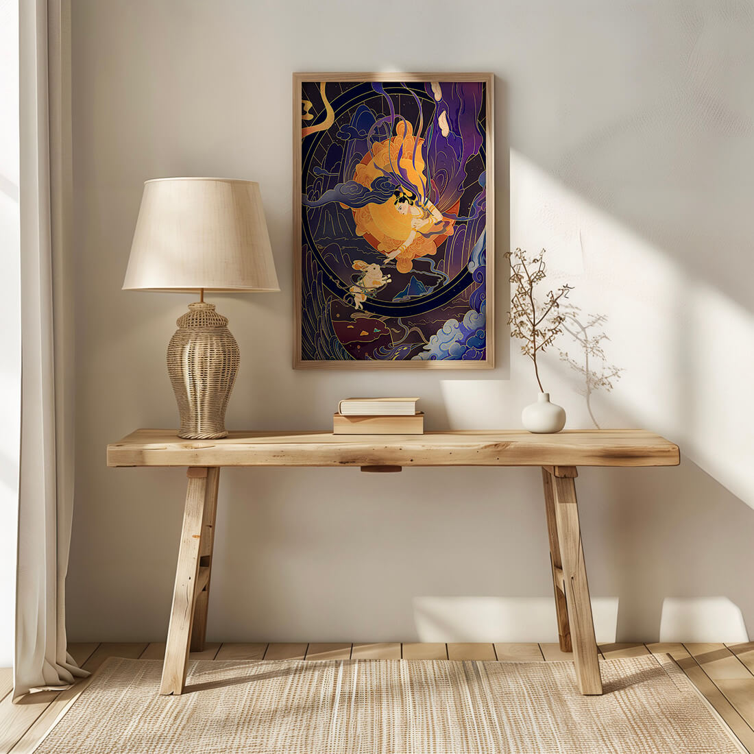 Elegant goddess reaching towards a celestial rabbit in a cosmic scene
