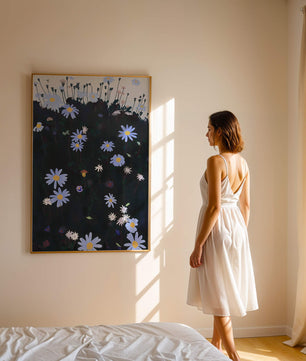 Field Of Blue And White Daisies On A Dark Background