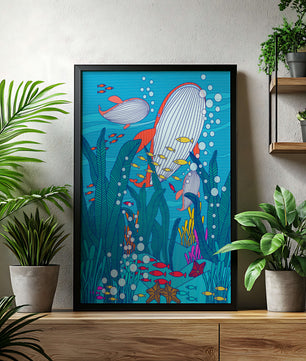 Underwater world illustration with whales and fish amidst seaweed