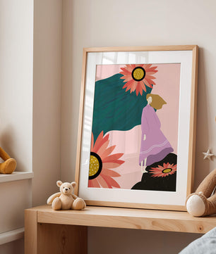 Stylized illustration of woman with vibrant floral elements
