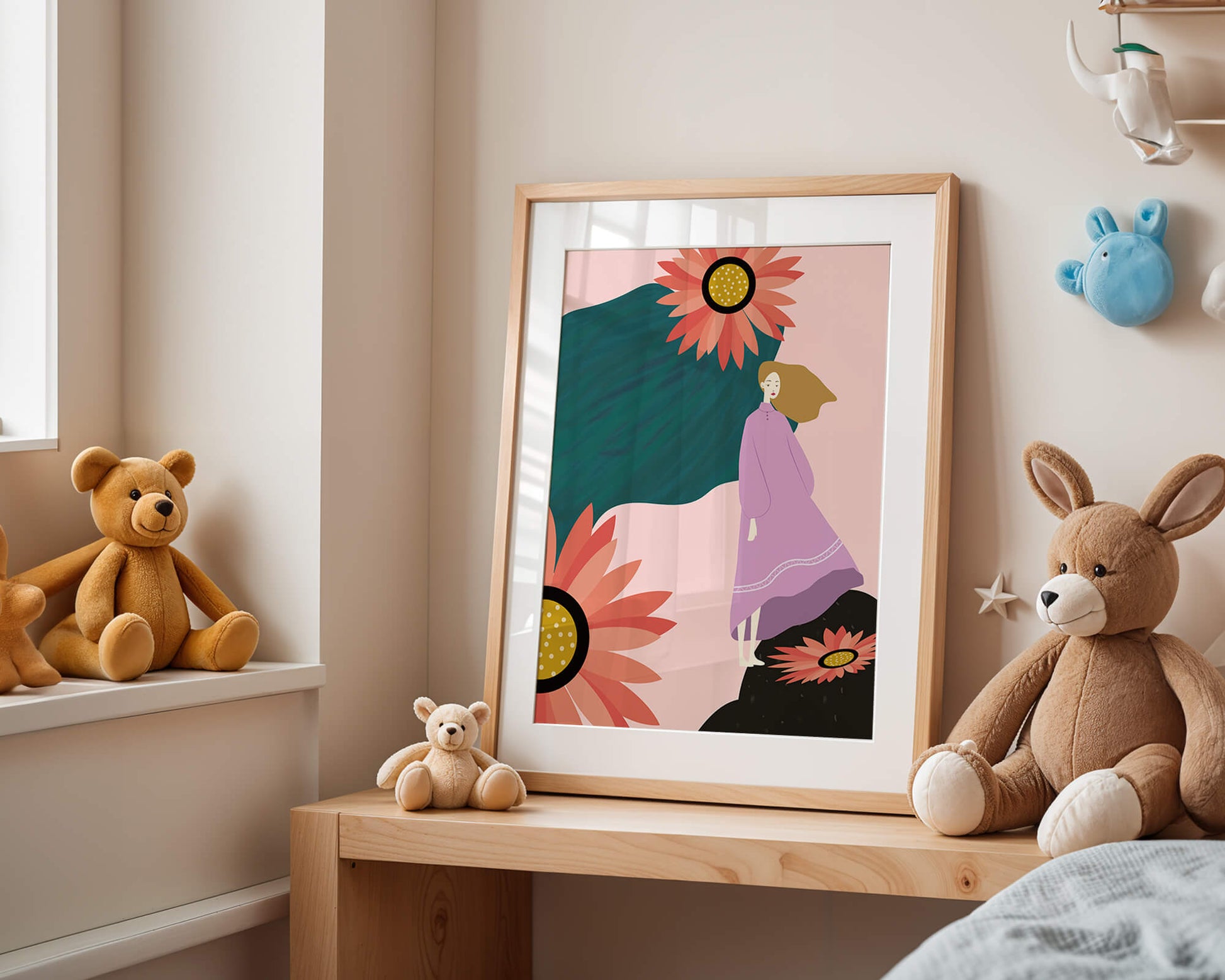 Stylized illustration of woman with vibrant floral elements