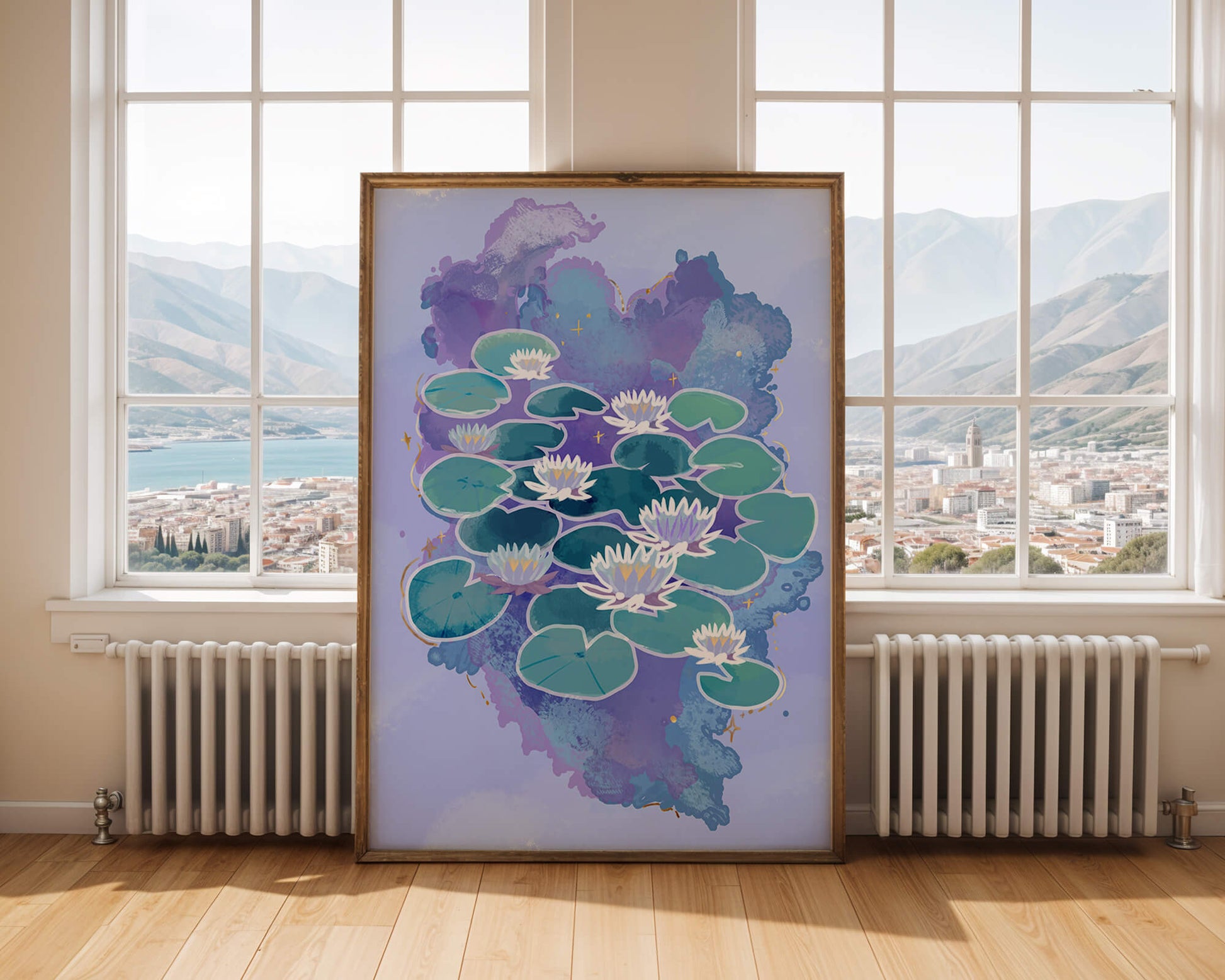 Serene aquatic scene with water lilies on abstract colorful background