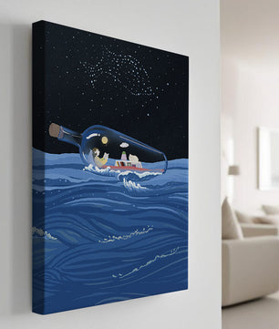 Surreal illustration of a bottle on the ocean with a starry night sky