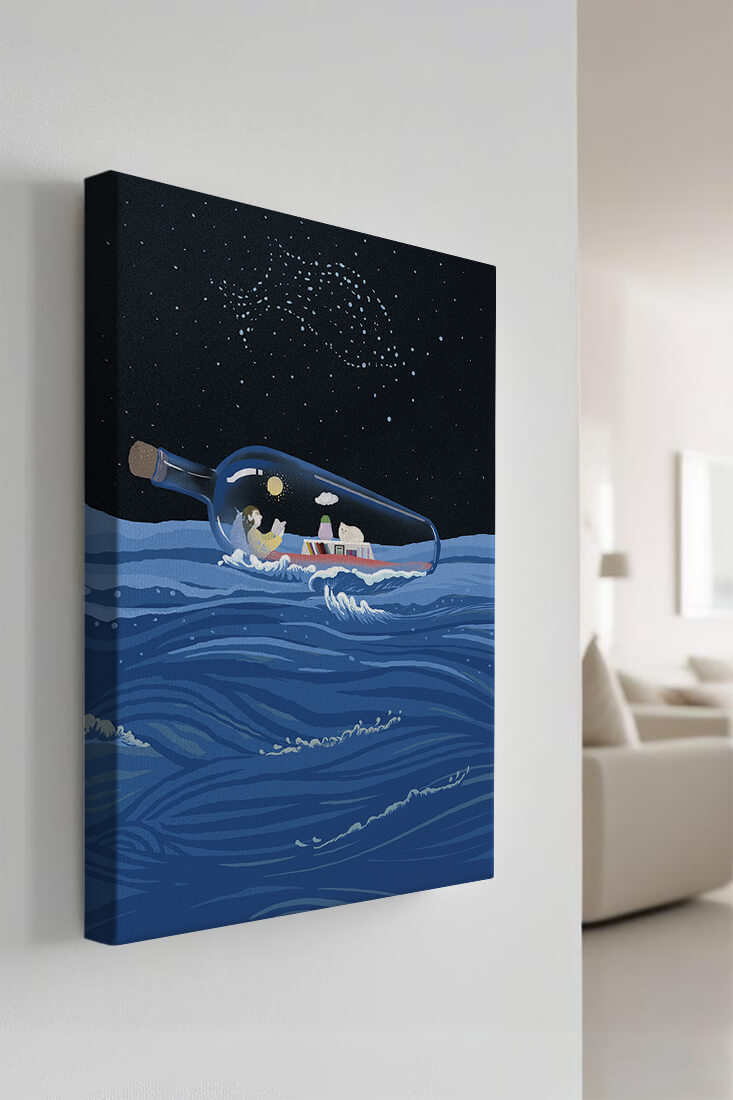 Surreal illustration of a bottle on the ocean with a starry night sky