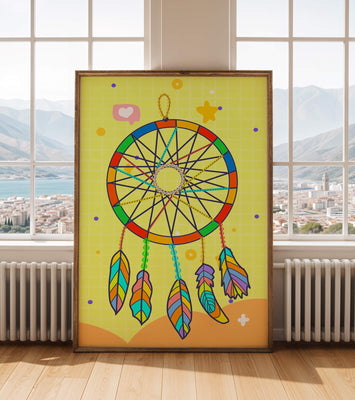 Colorful dreamcatcher on a vibrant yellow background