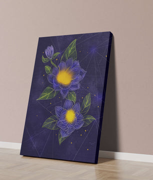 Floral Art with Blue and Yellow Lotus Design on Starry Background