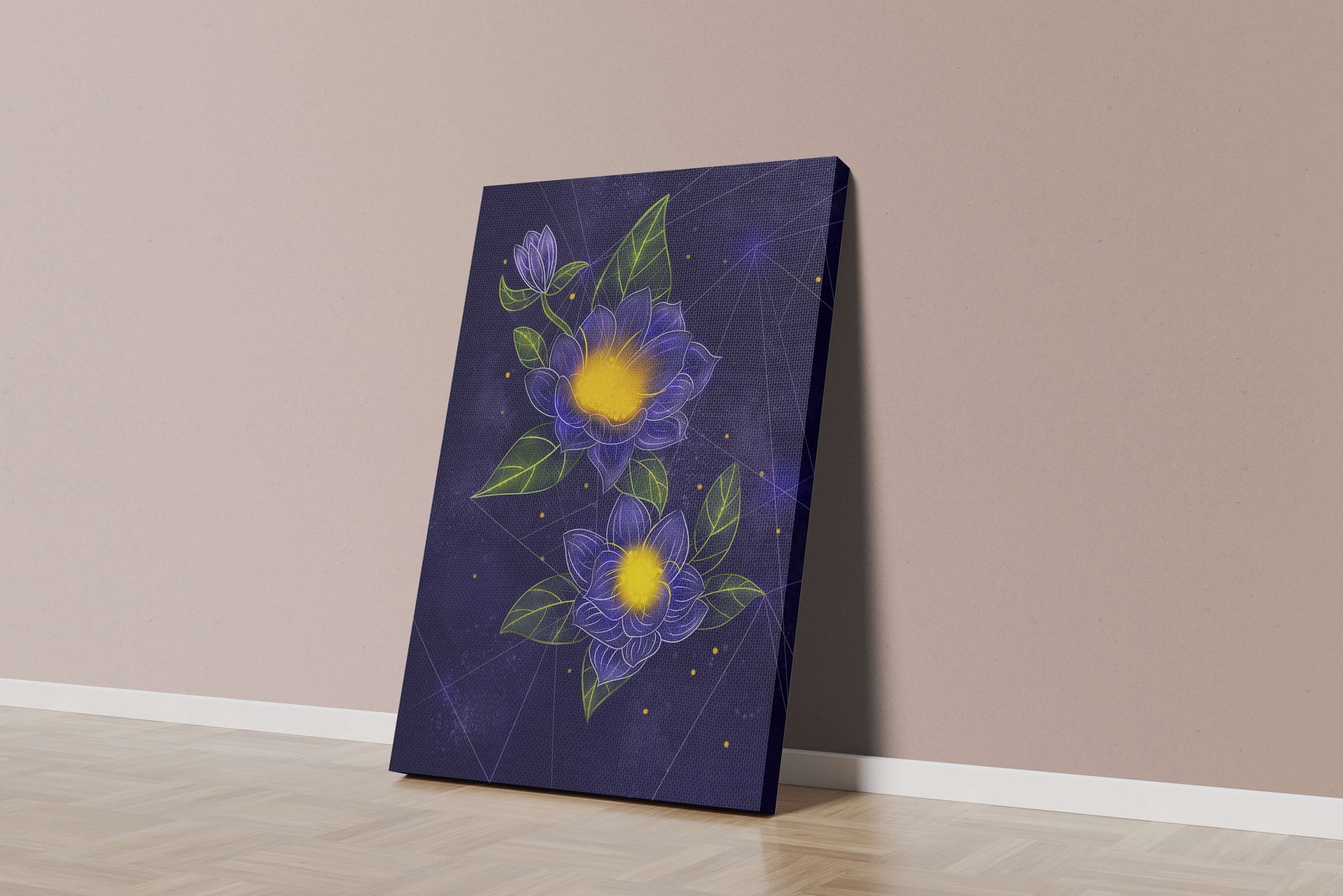Floral Art with Blue and Yellow Lotus Design on Starry Background