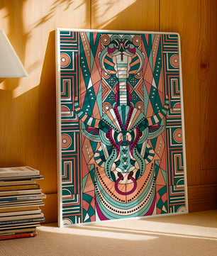 Arte tribal geométrico con motivos de serpiente y toro