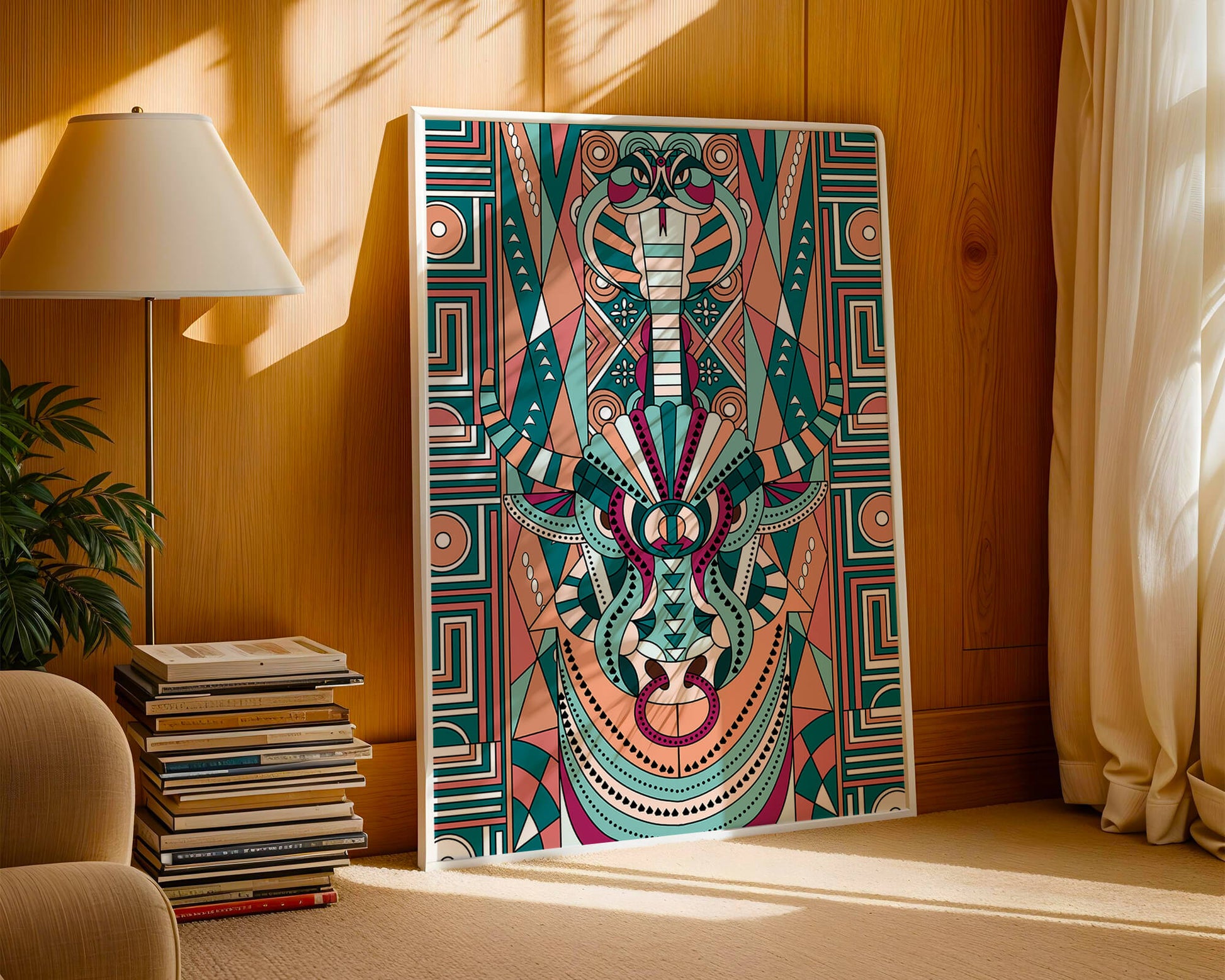Arte tribal geométrico con motivos de serpiente y toro